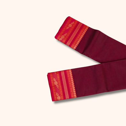 Dark Maroon Chettinad Cotton Saree with Pink and Gold Traditional Border – Without Blouse