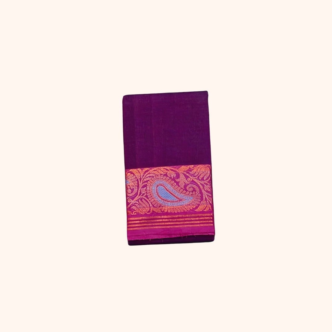 Dark Purple Chettinad Cotton Saree with Pink and Blue Peacock Motif Border - Without Blouse