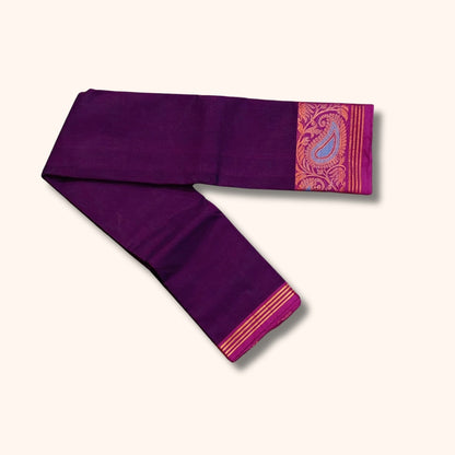 Dark Purple Chettinad Cotton Saree with Pink and Blue Peacock Motif Border - Without Blouse