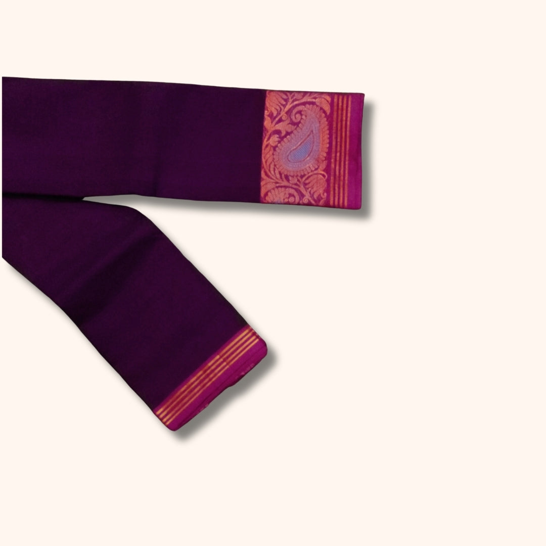 Dark Purple Chettinad Cotton Saree with Pink and Blue Peacock Motif Border - Without Blouse