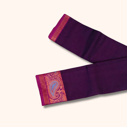Dark Purple Chettinad Cotton Saree with Pink and Blue Peacock Motif Border - Without Blouse