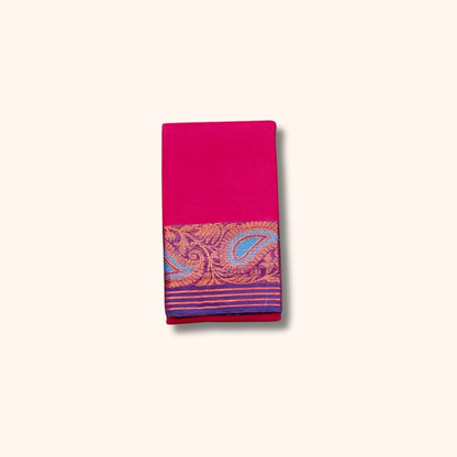 Bright Pink Chettinad Cotton Saree with Blue and Gold Paisley Border – Without Blouse