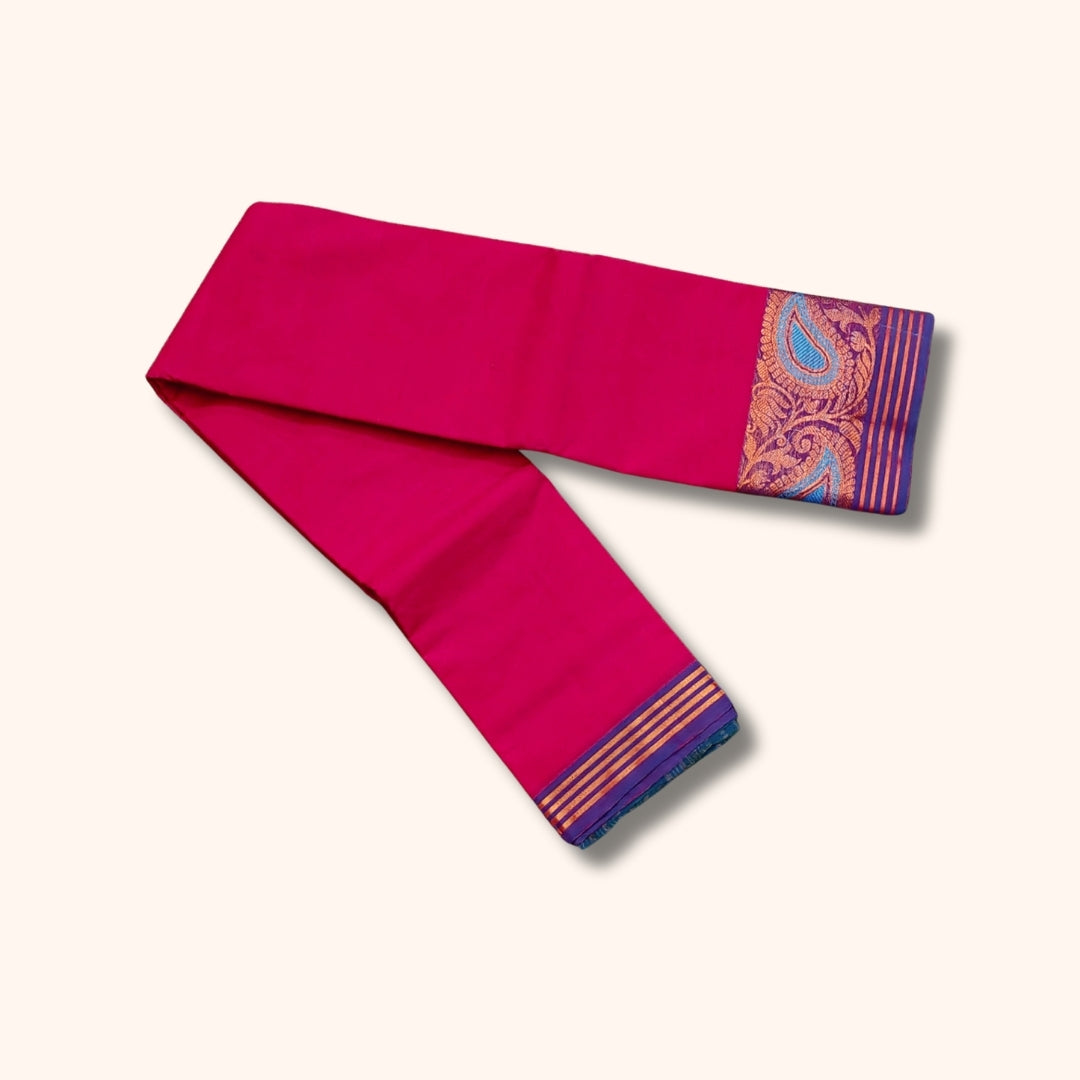 Bright Pink Chettinad Cotton Saree with Blue and Gold Paisley Border – Without Blouse