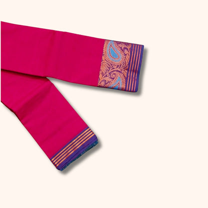 Bright Pink Chettinad Cotton Saree with Blue and Gold Paisley Border – Without Blouse