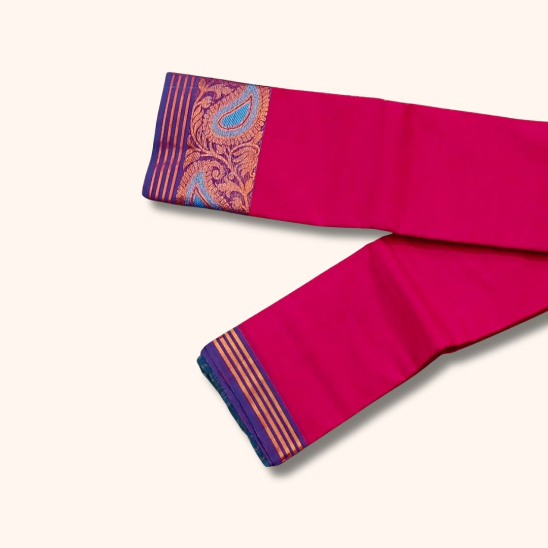 Bright Pink Chettinad Cotton Saree with Blue and Gold Paisley Border – Without Blouse