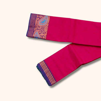 Bright Pink Chettinad Cotton Saree with Blue and Gold Paisley Border – Without Blouse