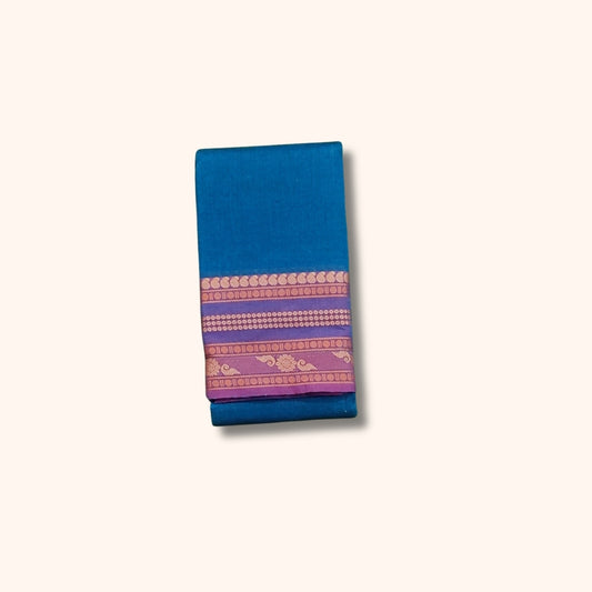 Teal Blue Chettinad Cotton Saree with Purple and Gold Traditional Border – Without Blouse