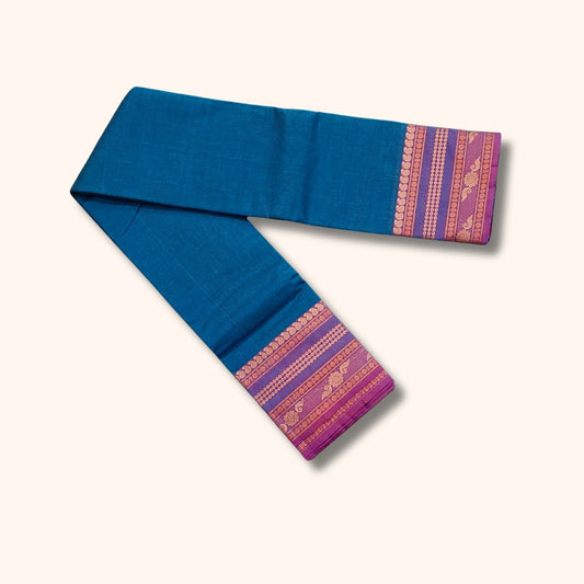 Teal Blue Chettinad Cotton Saree with Purple and Gold Traditional Border – Without Blouse