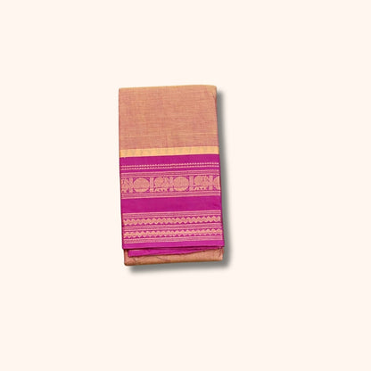 Peach Brown Chettinad Cotton Saree with Magenta Pink and Gold Traditional Border – Without Blouse