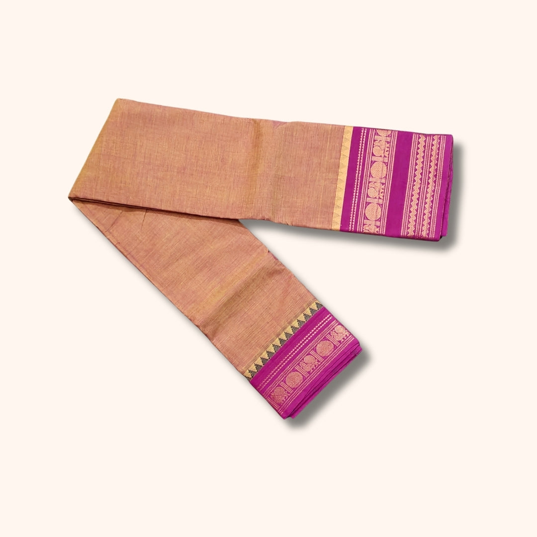 Peach Brown Chettinad Cotton Saree with Magenta Pink and Gold Traditional Border – Without Blouse