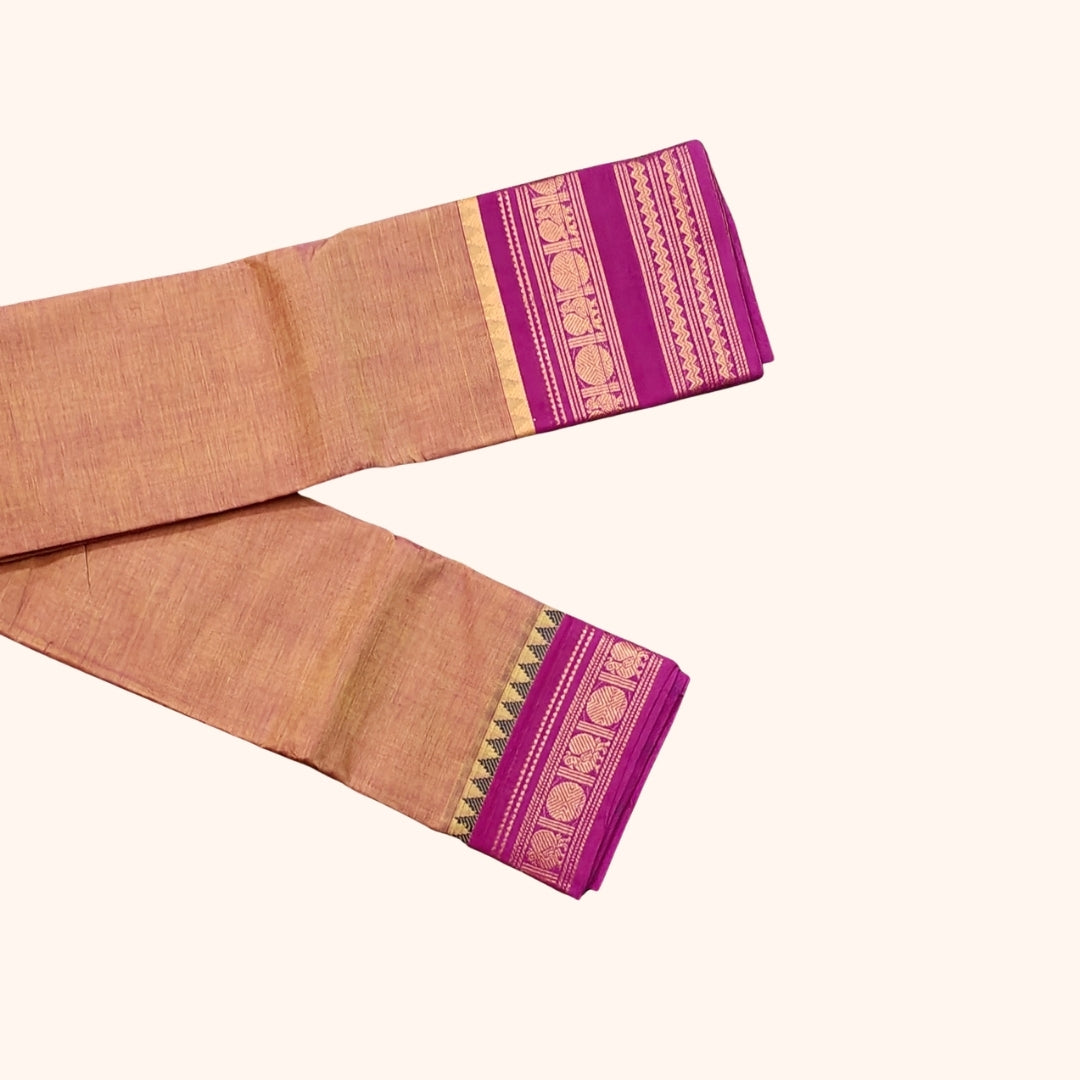 Peach Brown Chettinad Cotton Saree with Magenta Pink and Gold Traditional Border – Without Blouse