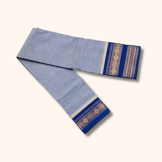 Light Blue Chettinad Cotton Saree with Royal Blue and Gold Traditional Border – Without Blouse