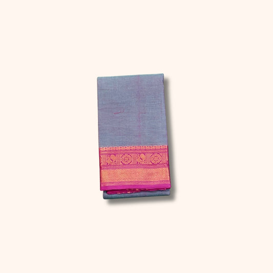 Mauve Maroon Chettinad Cotton Saree with Teal Blue and Gold Traditional Border – Without Blouse