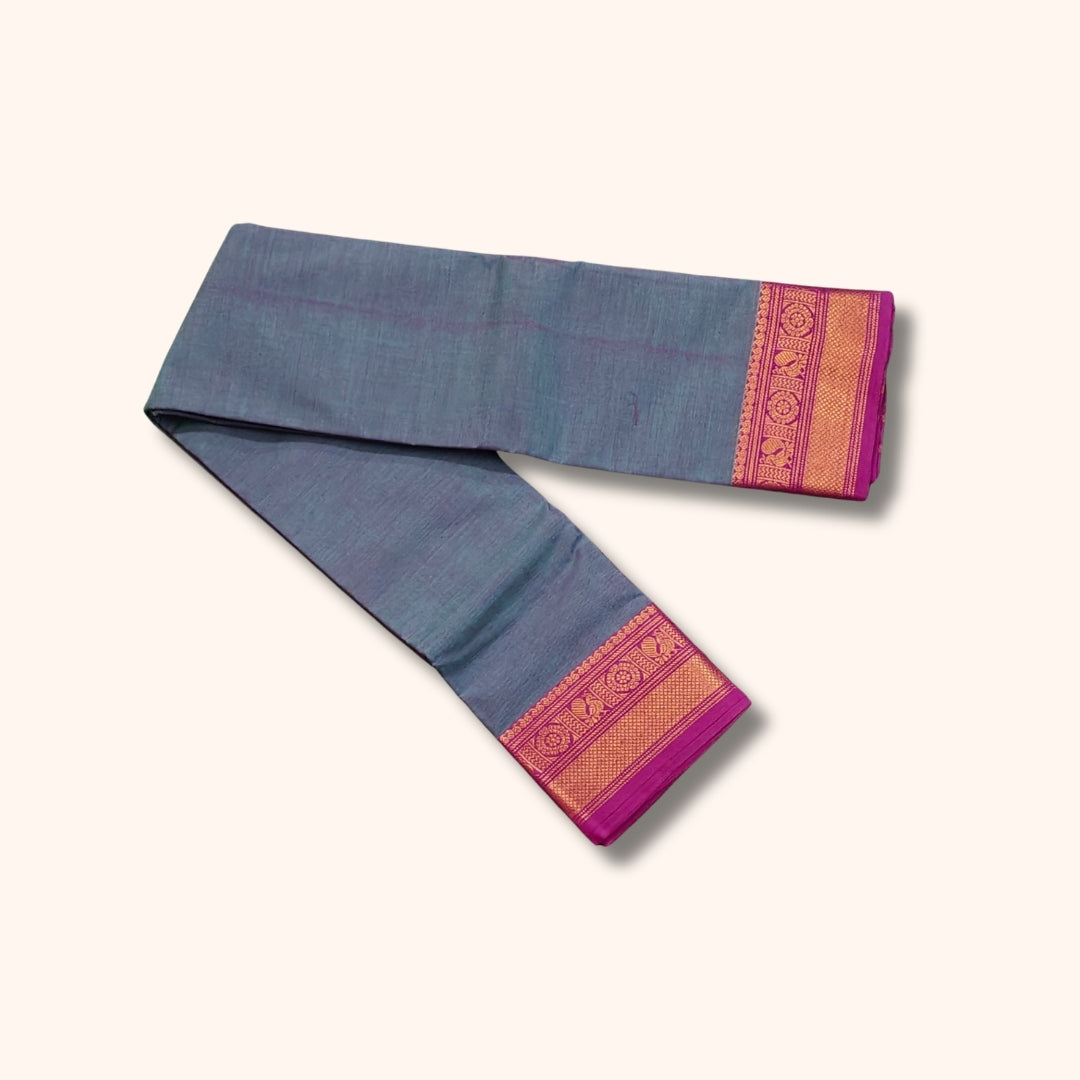 Mauve Maroon Chettinad Cotton Saree with Teal Blue and Gold Traditional Border – Without Blouse