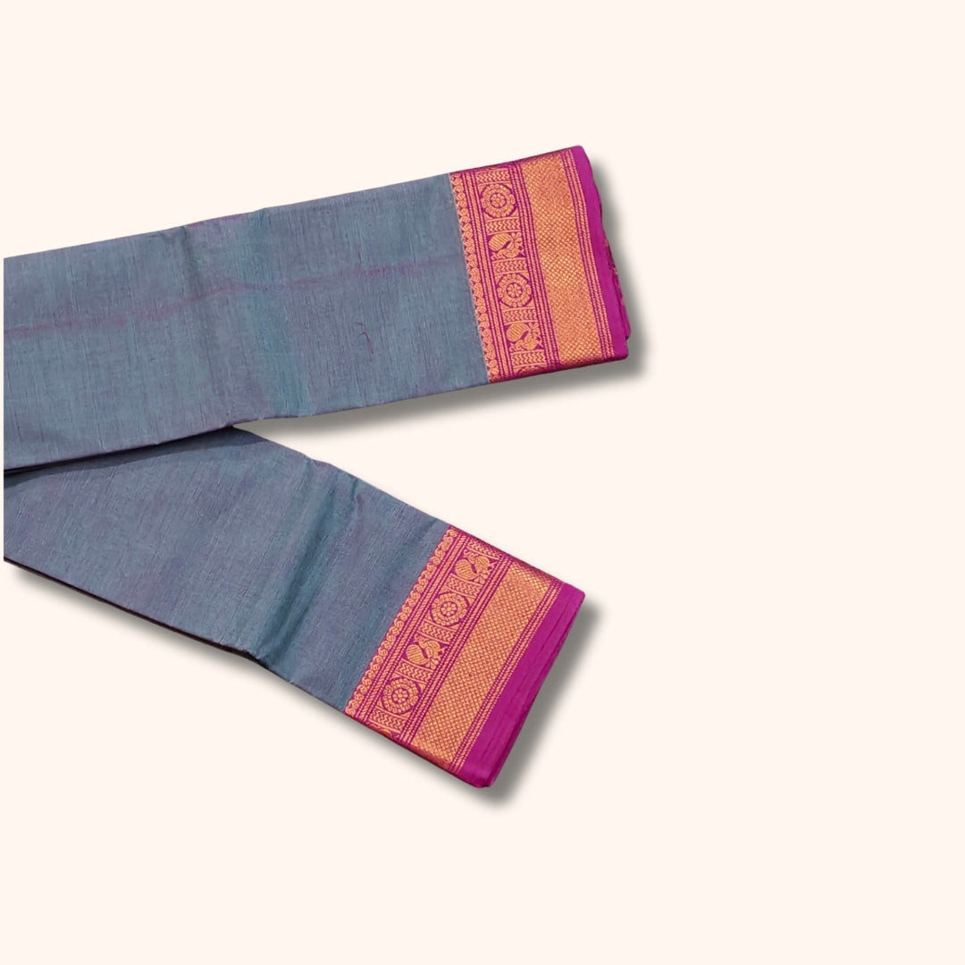 Mauve Maroon Chettinad Cotton Saree with Teal Blue and Gold Traditional Border – Without Blouse