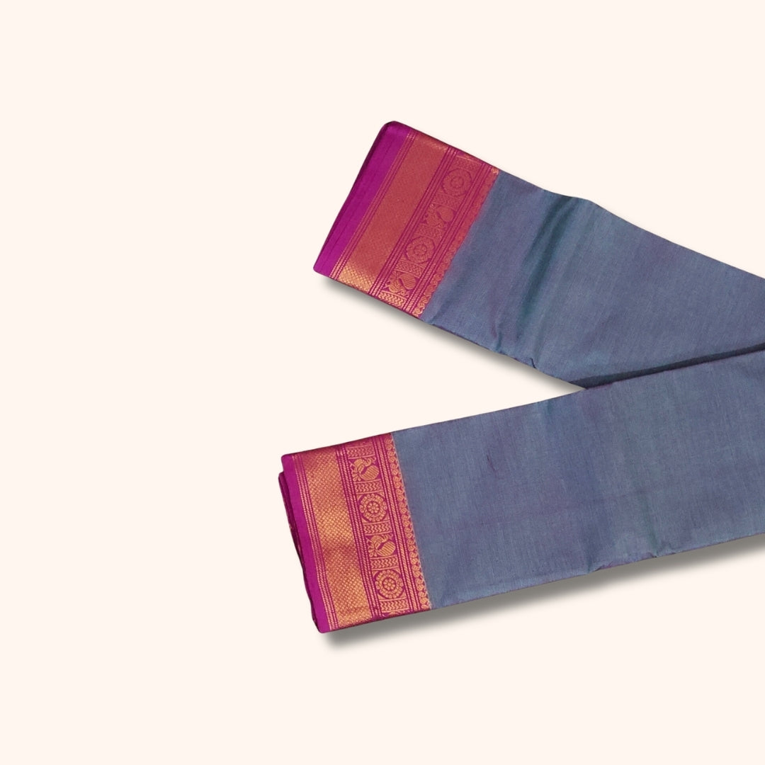 Mauve Maroon Chettinad Cotton Saree with Teal Blue and Gold Traditional Border – Without Blouse