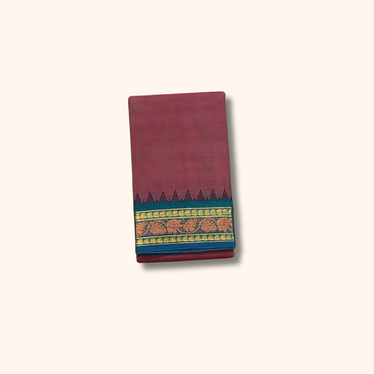 Mauve Maroon Chettinad Cotton Saree with Teal Blue and Gold Traditional Border – Without Blouse