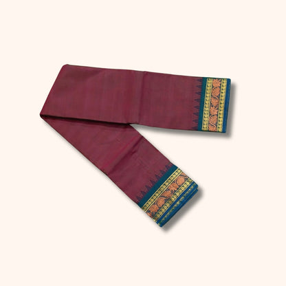 Mauve Maroon Chettinad Cotton Saree with Teal Blue and Gold Traditional Border – Without Blouse