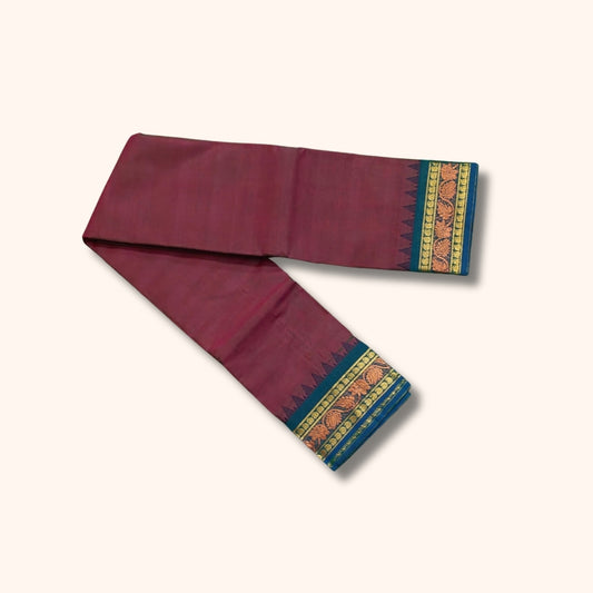 Mauve Maroon Chettinad Cotton Saree with Teal Blue and Gold Traditional Border – Without Blouse