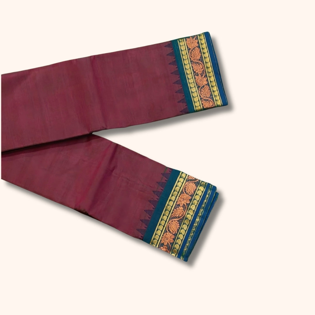 Mauve Maroon Chettinad Cotton Saree with Teal Blue and Gold Traditional Border – Without Blouse