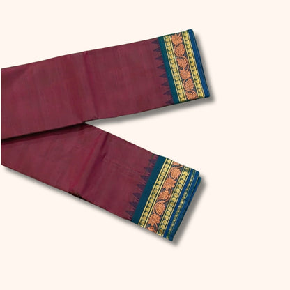 Mauve Maroon Chettinad Cotton Saree with Teal Blue and Gold Traditional Border – Without Blouse