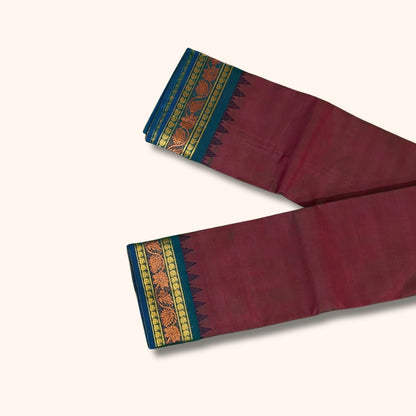 Mauve Maroon Chettinad Cotton Saree with Teal Blue and Gold Traditional Border – Without Blouse