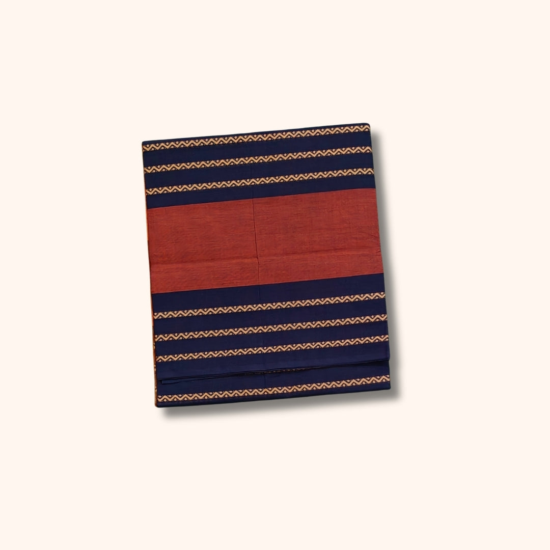 Rust Brown and Navy Blue Chettinad Cotton Saree with Traditional Gold Stripes – Without Blouse
