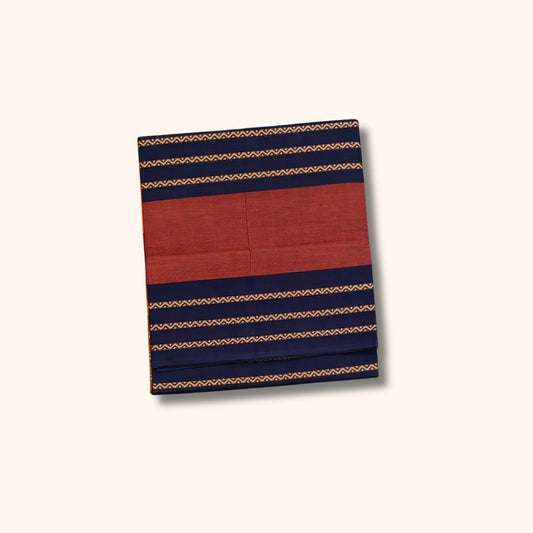 Rust Brown and Navy Blue Chettinad Cotton Saree with Traditional Gold Stripes – Without Blouse