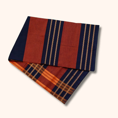 Rust Brown and Navy Blue Chettinad Cotton Saree with Traditional Gold Stripes – Without Blouse