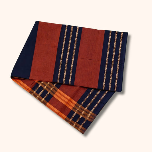 Rust Brown and Navy Blue Chettinad Cotton Saree with Traditional Gold Stripes – Without Blouse