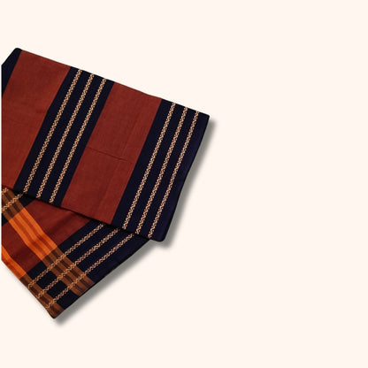 Rust Brown and Navy Blue Chettinad Cotton Saree with Traditional Gold Stripes – Without Blouse