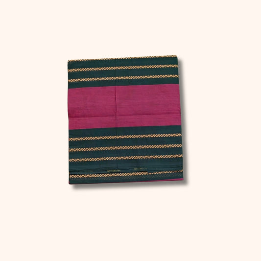 Maroon and Dark Green Chettinad Cotton Saree with Gold Patterned Stripes – Without Blouse
