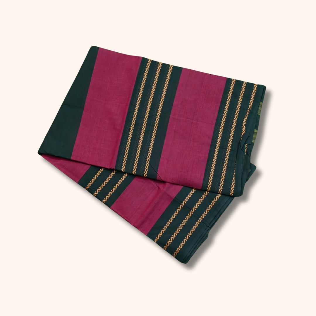Maroon and Dark Green Chettinad Cotton Saree with Gold Patterned Stripes – Without Blouse