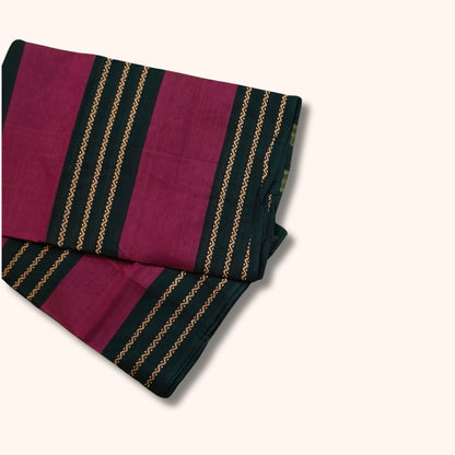Maroon and Dark Green Chettinad Cotton Saree with Gold Patterned Stripes – Without Blouse