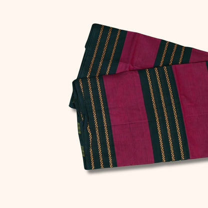 Maroon and Dark Green Chettinad Cotton Saree with Gold Patterned Stripes – Without Blouse