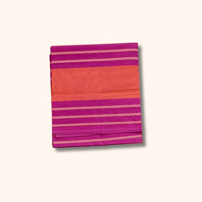 Orange and Magenta Chettinad Cotton Saree with Traditional Striped Border – Without Blouse