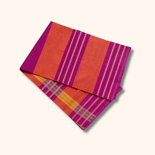 Orange and Magenta Chettinad Cotton Saree with Traditional Striped Border – Without Blouse