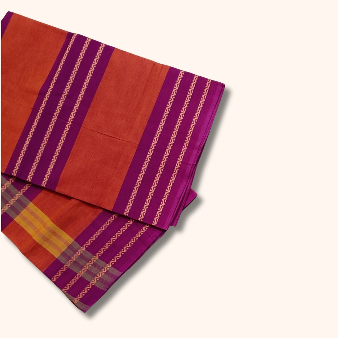 Orange and Magenta Chettinad Cotton Saree with Traditional Striped Border – Without Blouse