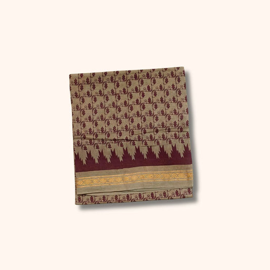 Beige Sungudi Cotton Saree with Maroon Traditional Motif & Temple Border – Without Blouse