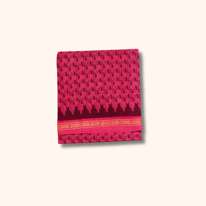 Pink Sungudi Cotton Saree with Black Traditional Motif & Temple Border – Without Blouse