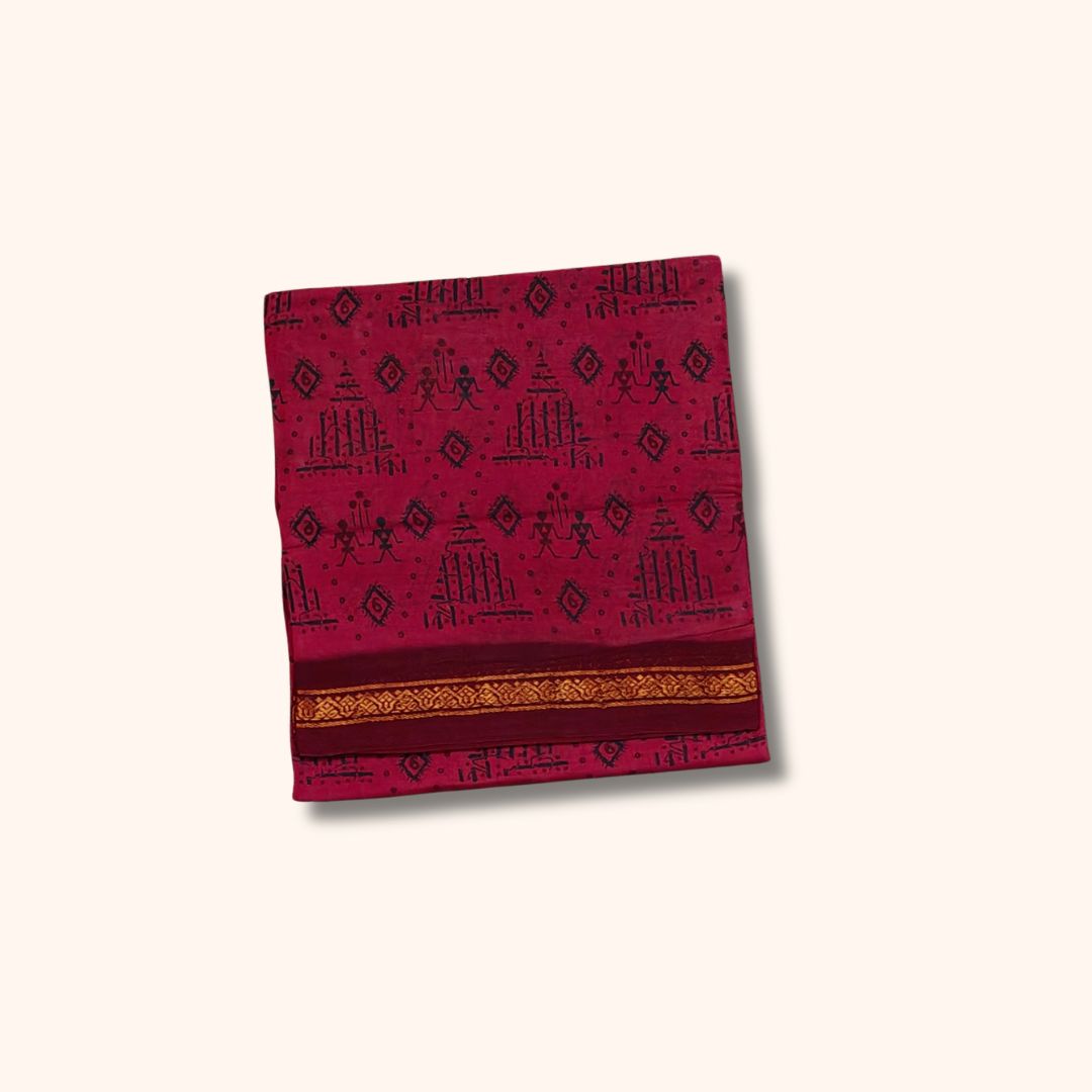 Maroon Sungudi Cotton Saree with Traditional Black Motif Design – Without Blouse