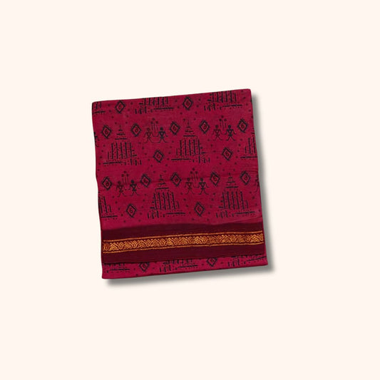 Maroon Sungudi Cotton Saree with Traditional Black Motif Design – Without Blouse
