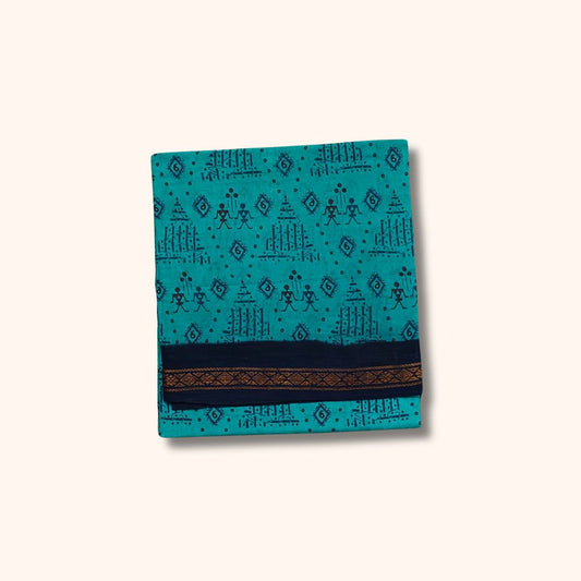 Teal Blue Sungudi Cotton Saree with Traditional Black Motif Design – Without Blouse