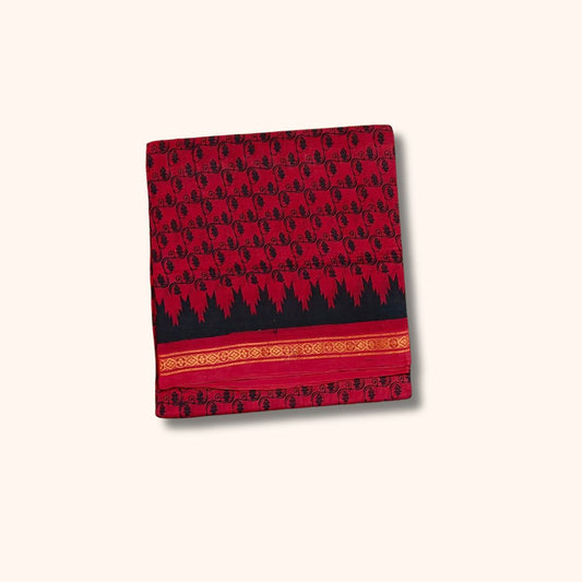 Red Sungudi Cotton Saree with Black Traditional Motif Border – Without Blouse