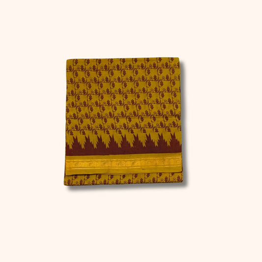 Mustard Yellow Sungudi Cotton Saree with Maroon Traditional Motif & Temple Border – Without Blouse