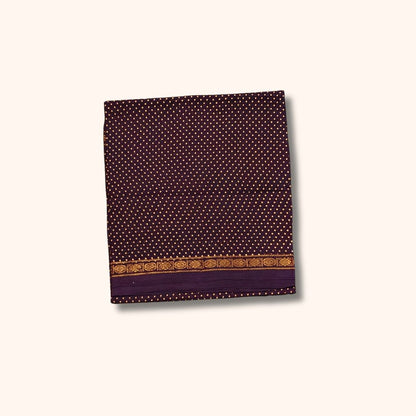 Dark Purple Sungudi Cotton Saree with Golden Polka Dot Design and Zari Border – Without Blouse