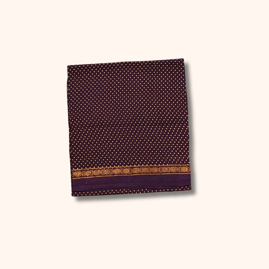 Dark Purple Sungudi Cotton Saree with Golden Polka Dot Design and Zari Border – Without Blouse