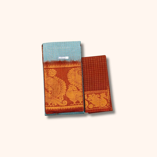 Light Blue Checked Sungudi Cotton Saree with Maroon Gold Zari Peacock Border and Separate Blouse