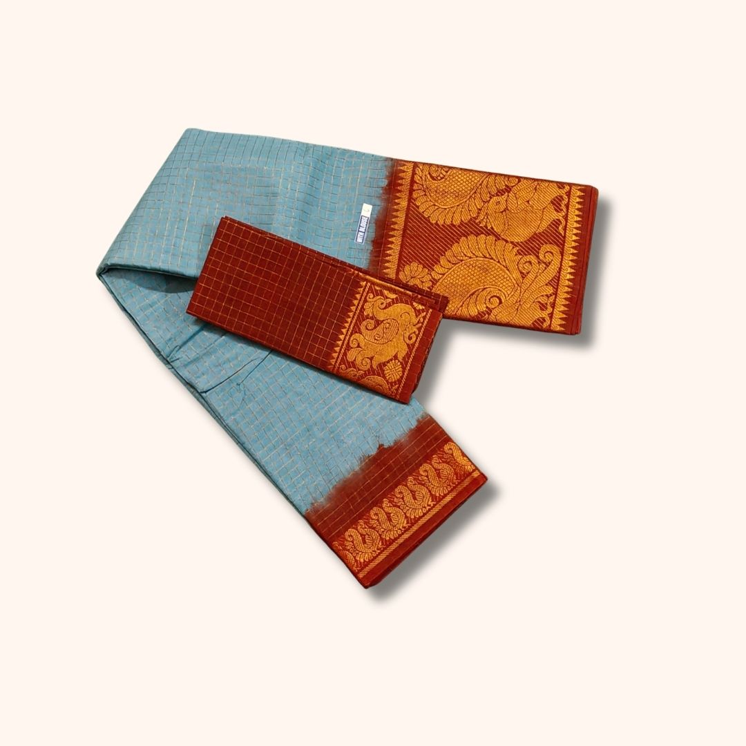 Light Blue Checked Sungudi Cotton Saree with Maroon Gold Zari Peacock Border and Separate Blouse