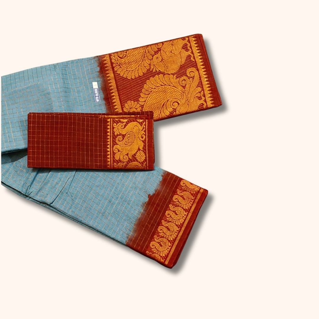 Light Blue Checked Sungudi Cotton Saree with Maroon Gold Zari Peacock Border and Separate Blouse